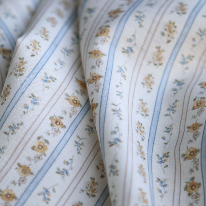 Paloma - Petit piqué coton gratté BIO rayures et fleuri beige ocre et bleu poudré