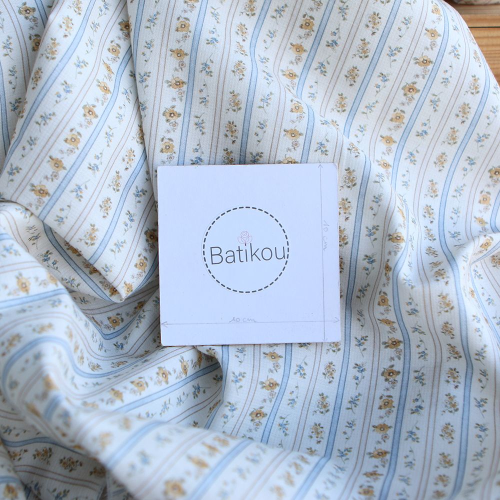 Paloma - Petit piqué coton gratté BIO rayures et fleuri beige ocre et bleu poudré