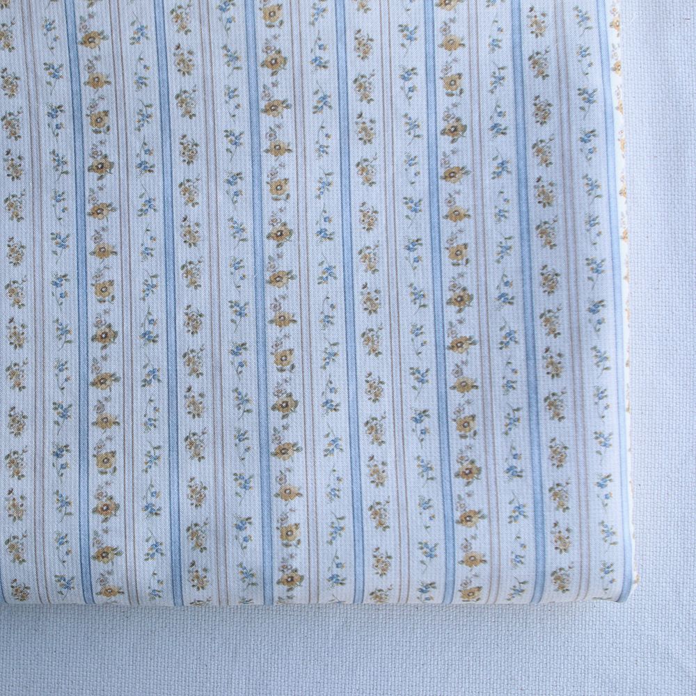 Paloma - Petit piqué coton gratté BIO rayures et fleuri beige ocre et bleu poudré