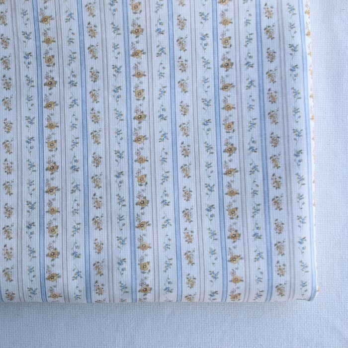 Paloma - Petit piqué coton gratté BIO rayures et fleuri beige ocre et bleu poudré