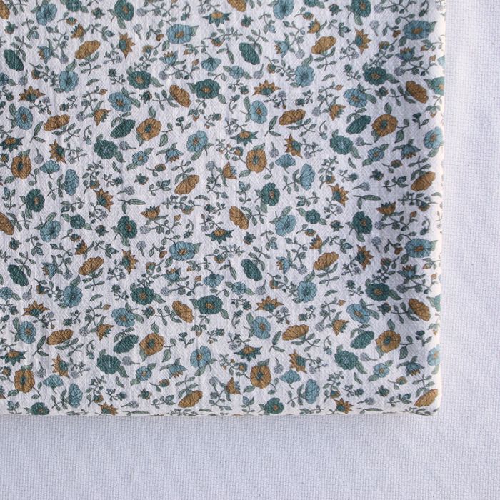 Laly - Coton lavé bio écru lait fleuri curry, bleu et vert