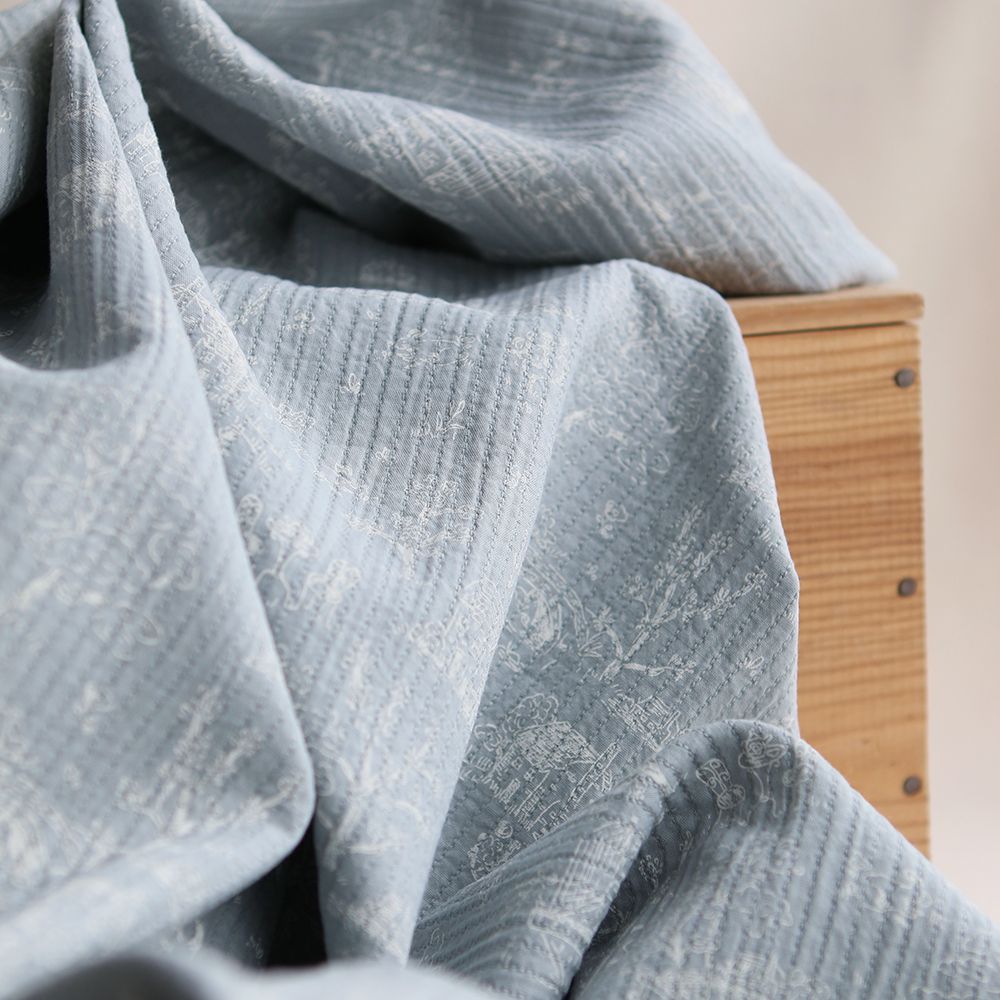 Edwina - Tissu coton piqué léger texturé toile de Jouy bleu brume