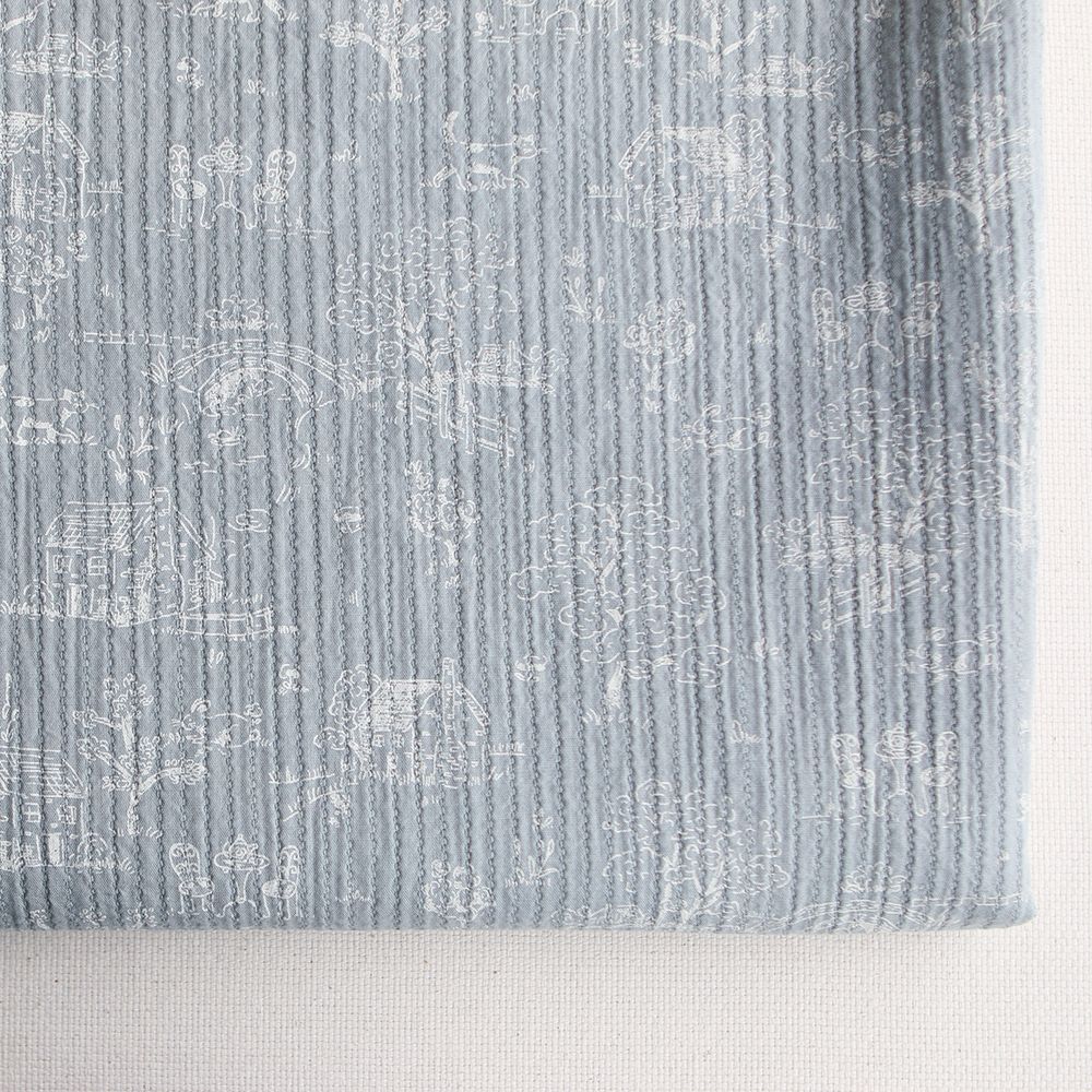 Edwina - Tissu coton piqué léger texturé toile de Jouy bleu brume