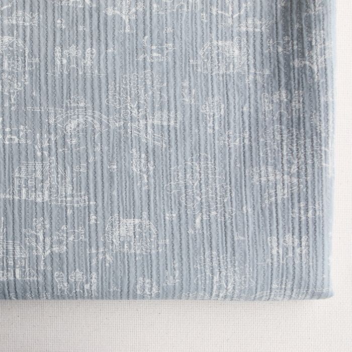 Edwina - Tissu coton piqué léger texturé toile de Jouy bleu brume