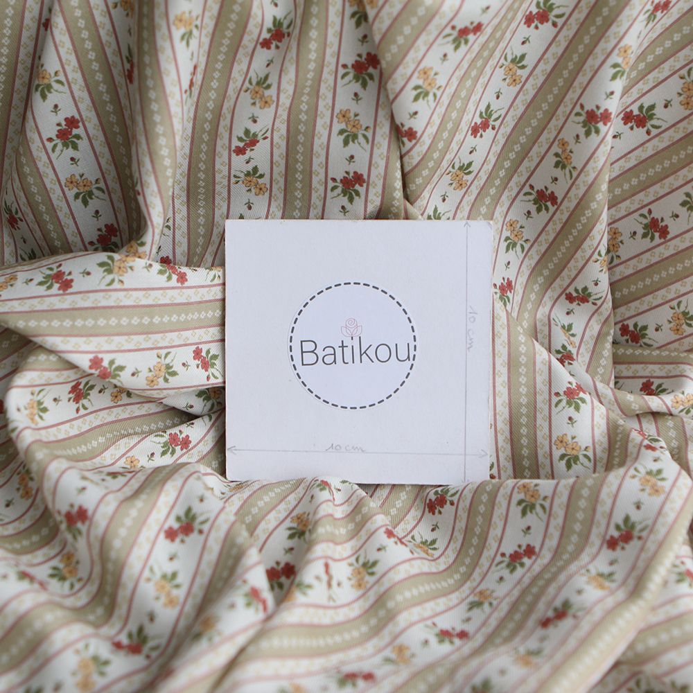 Abigail - Tissu sergé de coton organique fin imprimé rayures et fleurs beige