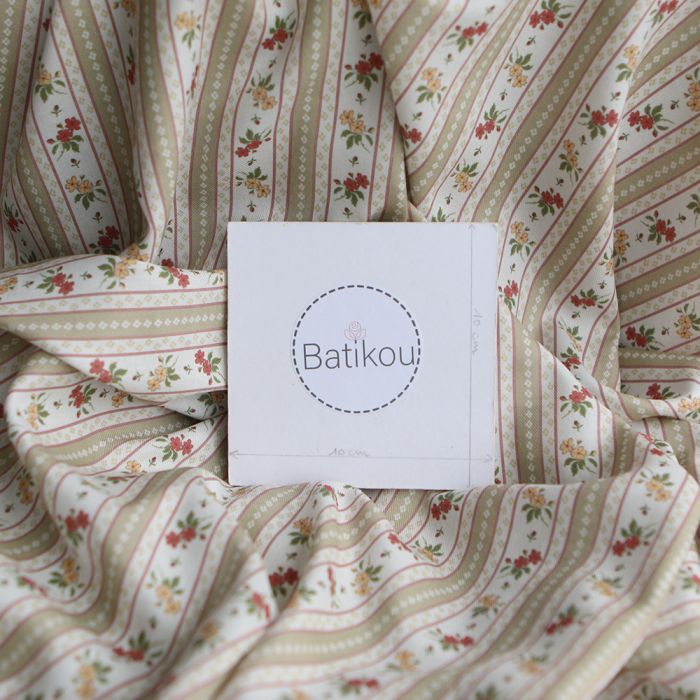 Abigail - Tissu sergé de coton organique fin imprimé rayures et fleurs beige