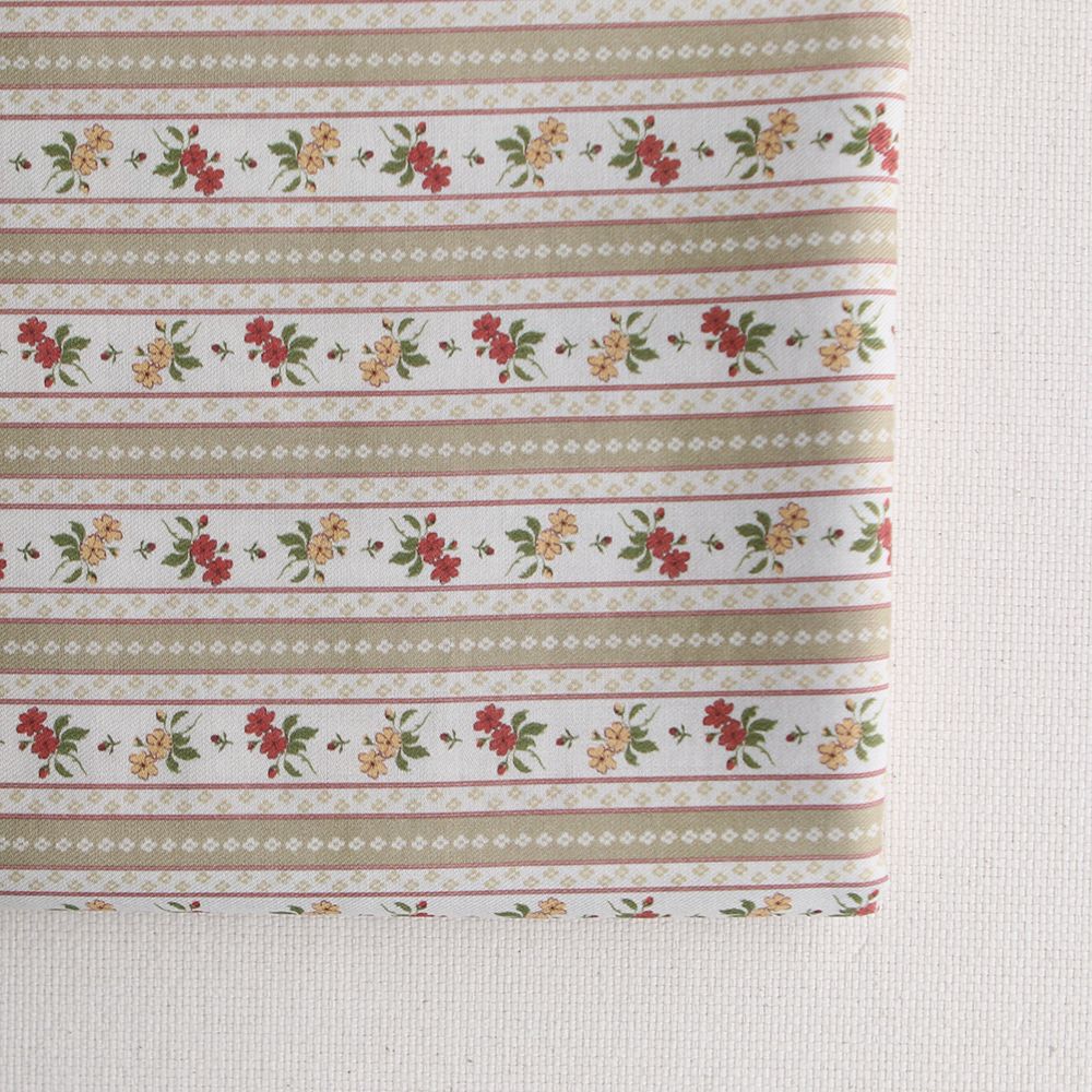 Abigail - Tissu sergé de coton organique fin imprimé rayures et fleurs beige