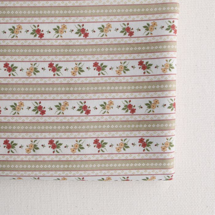 Abigail - Tissu sergé de coton organique fin imprimé rayures et fleurs beige