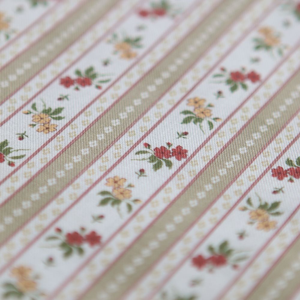 Abigail - Tissu sergé de coton organique fin imprimé rayures et fleurs beige