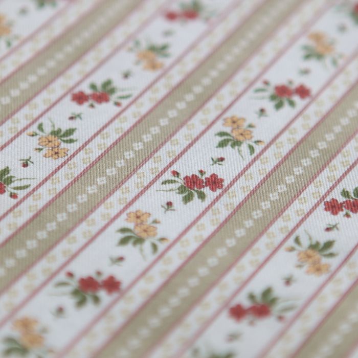 Abigail - Tissu sergé de coton organique fin imprimé rayures et fleurs beige