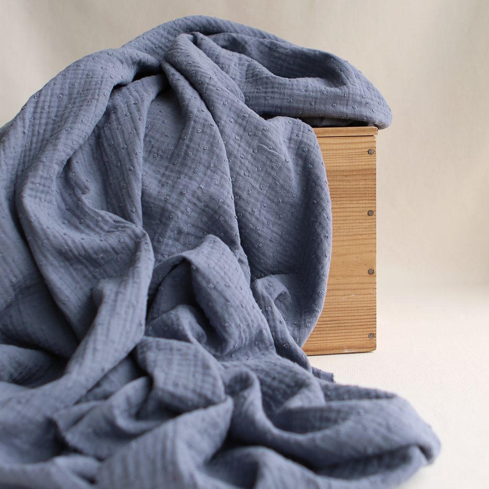 Double gaze de coton BIO plumetis Bleu jean