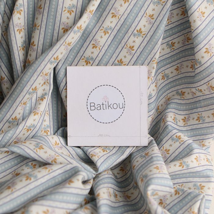 Abigail - Tissu sergé de coton organique fin imprimé rayures et fleurs bleu