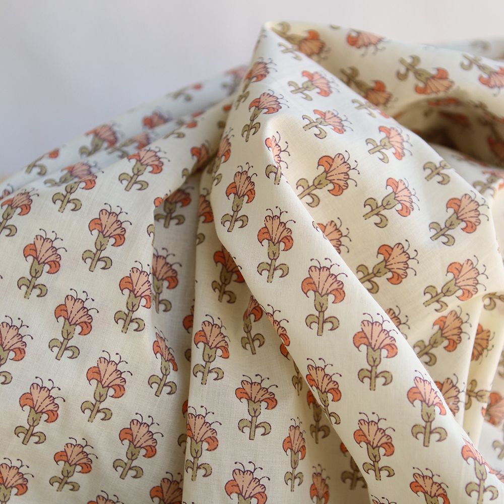 Tissu indien Maya B en coton hand block, imprimé main motif corail coordonné