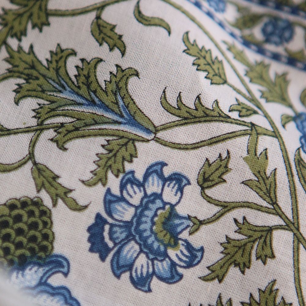 Prisha - Tissu indien en coton imprimé main, hand block bleu et vert