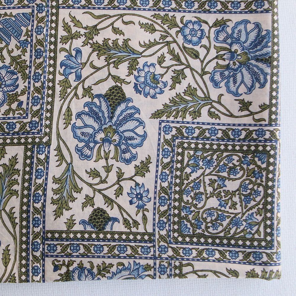 Prisha - Tissu indien en coton imprimé main, hand block bleu et vert