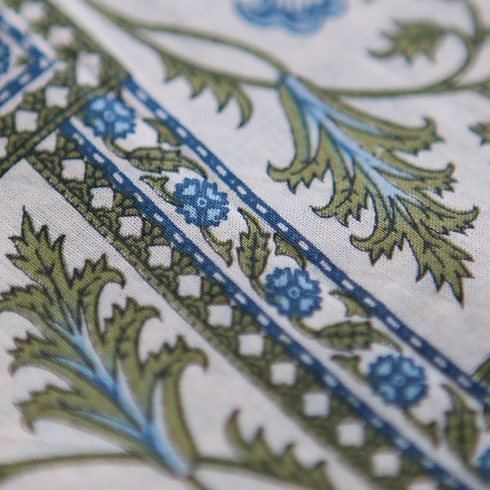 Prisha - Tissu indien en coton imprimé main, hand block bleu et vert