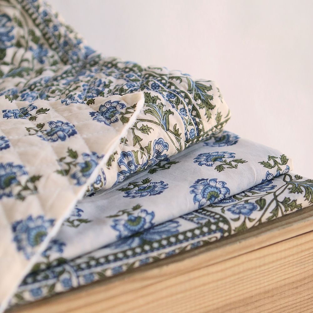 Prisha - Tissu indien en coton imprimé main, hand block bleu et vert
