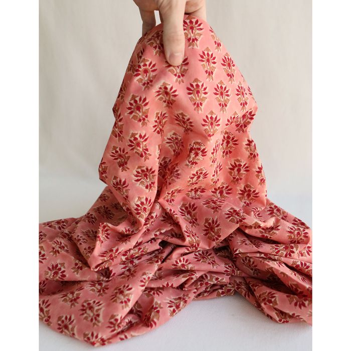 Vasanti B - Tissu indien en coton imprimé main, hand block corail chaud