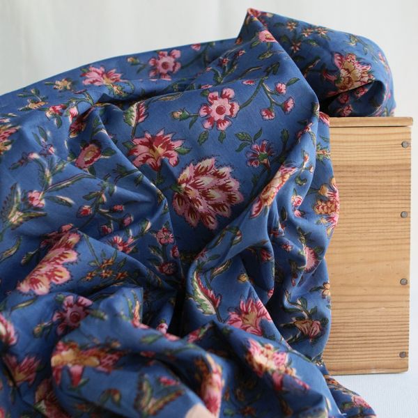 Saanvi - Tissu indien en coton imprimé main, hand block bleu