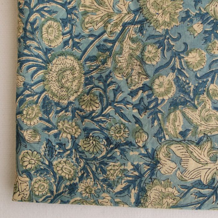 Kalyani - Tissu indien en coton imprimé main, hand block bleu et jaune pâle