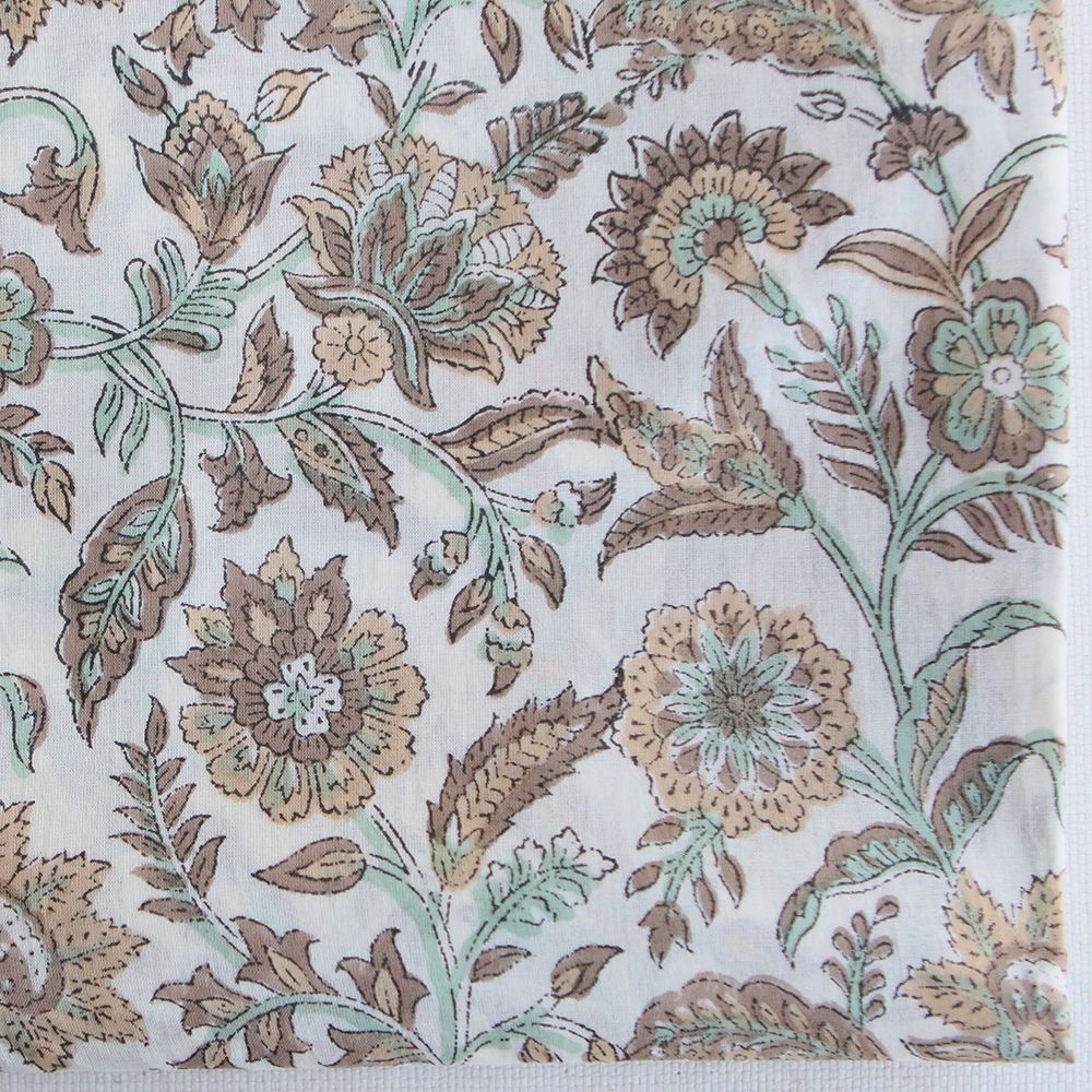 Padma - Tissu indien en coton imprimé main, hand block marron, beige et vert naturel