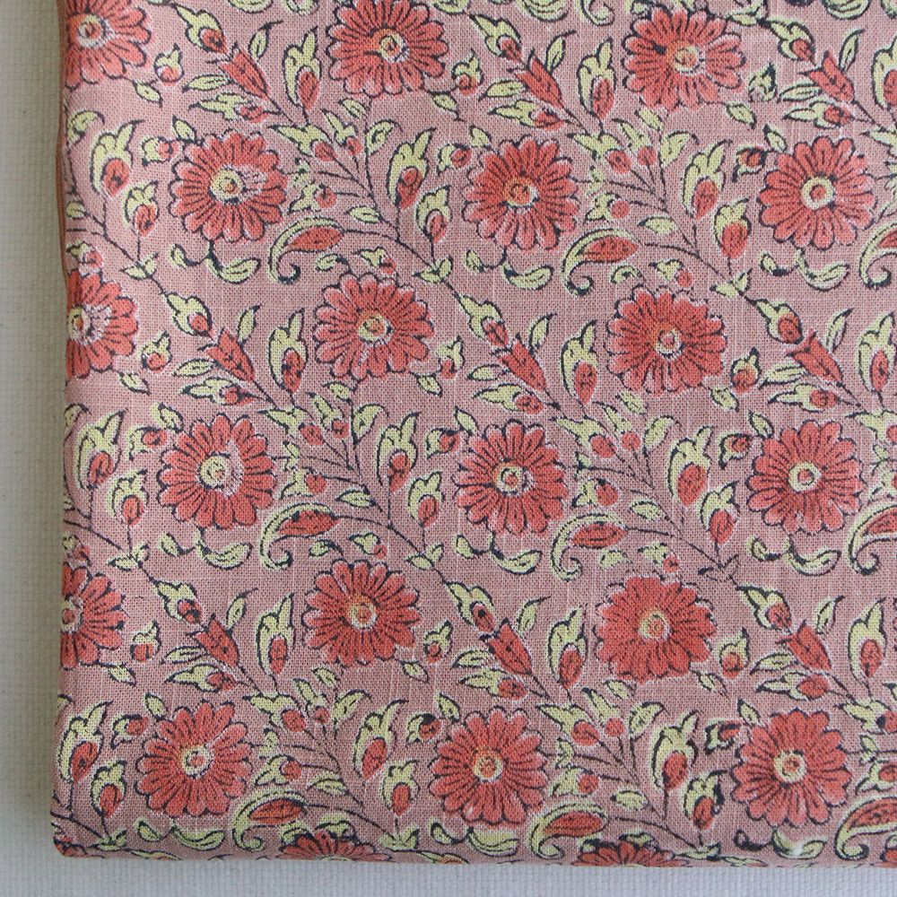Amita - Tissu indien en coton lavé imprimé main, hand block rose, corail et jaune pâle