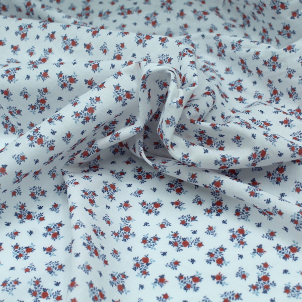 Batiste de coton imprimé fleuri bleu / rouge