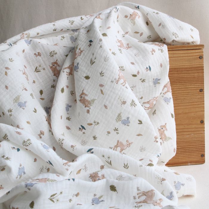 Simon - Double gaze de coton motif fôret lapin et biche