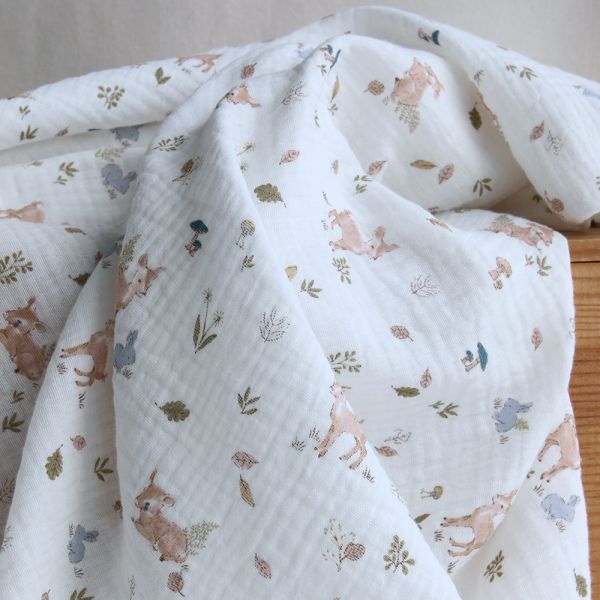 Simon - Double gaze de coton motif fôret lapin et biche