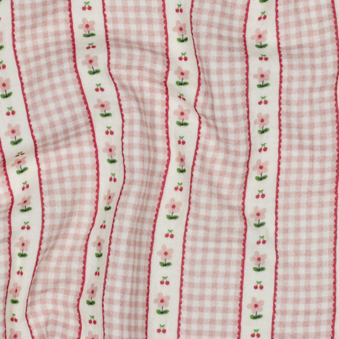 Tissu double gaze coton vendu mètre coupe Emilia vichy retro cerise fleuri