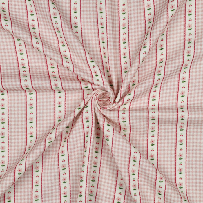 Tissu double gaze coton vendu mètre coupe Emilia vichy retro cerise fleuri