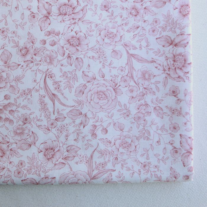 copie de Apolline - Tissu lin coton roses effet toile de Jouy blanc lait et cappuccino
