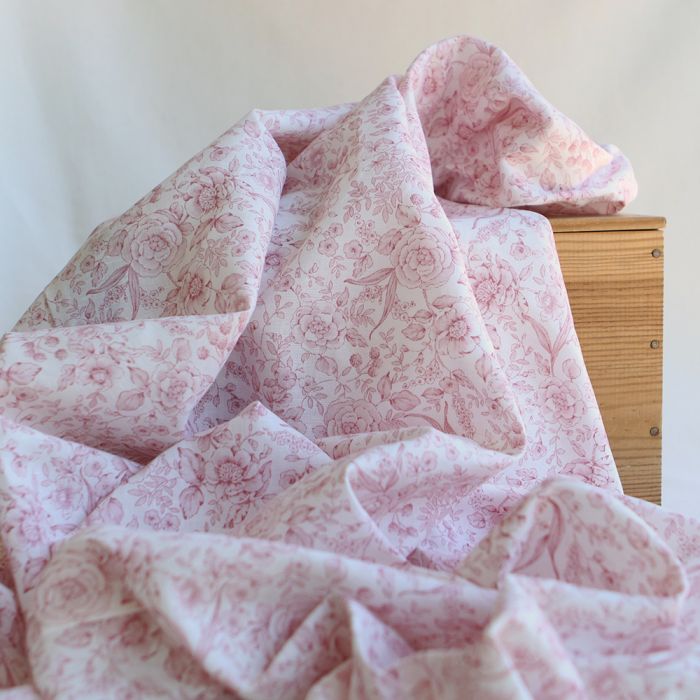 copie de Apolline - Tissu lin coton roses effet toile de Jouy blanc lait et cappuccino