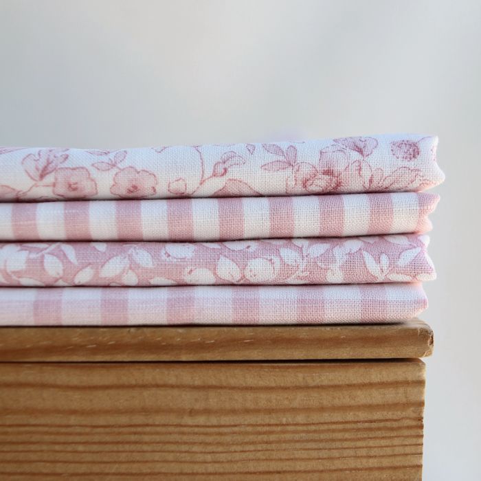copie de Apolline - Tissu lin coton roses effet toile de Jouy blanc lait et cappuccino
