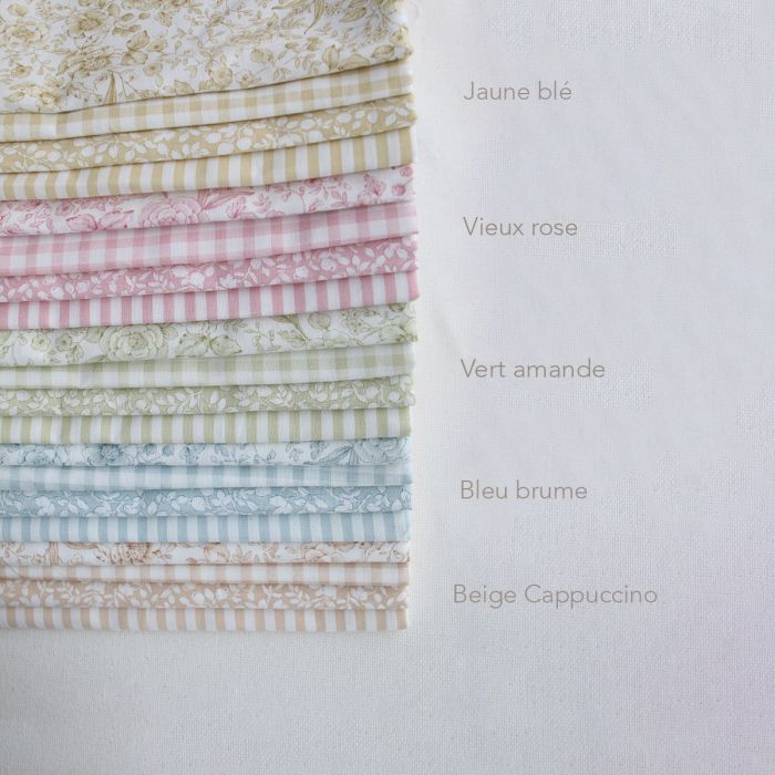 Apolline - Tissu lin coton roses effet toile de Jouy blanc lait et vieux rose
