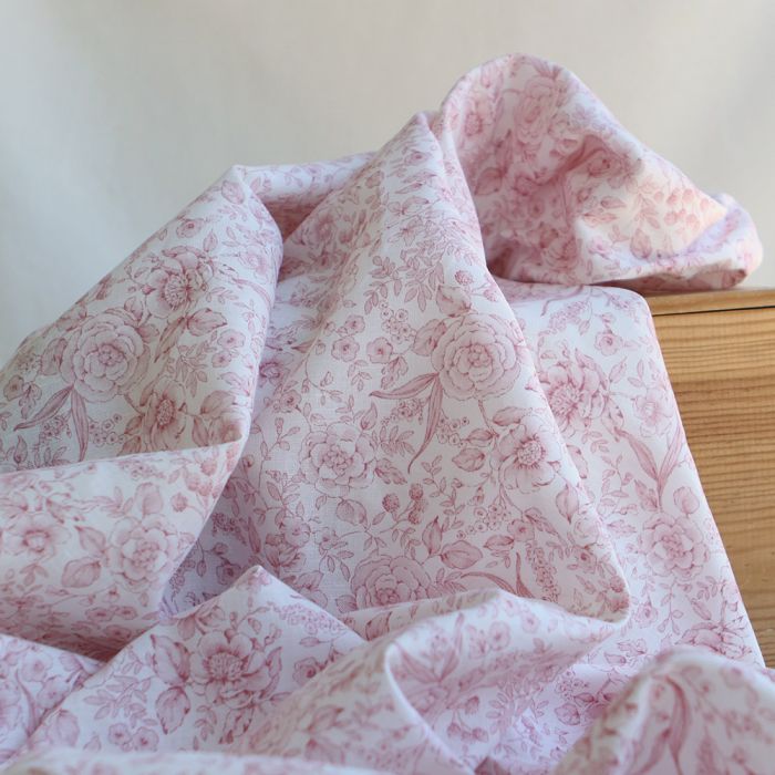 copie de Apolline - Tissu lin coton roses effet toile de Jouy blanc lait et cappuccino
