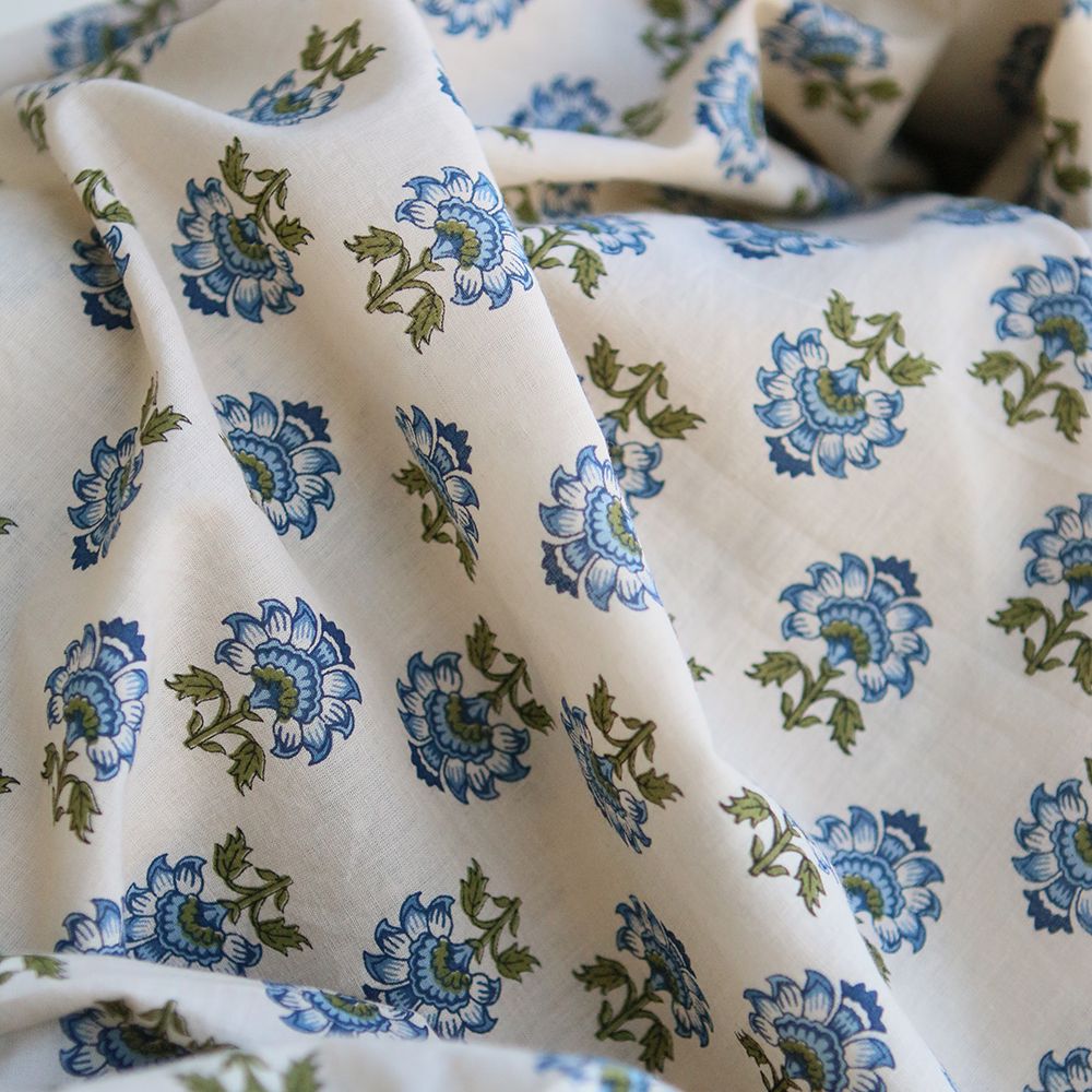Prisha B - Tissu indien en coton imprimé main, hand block bleu et vert