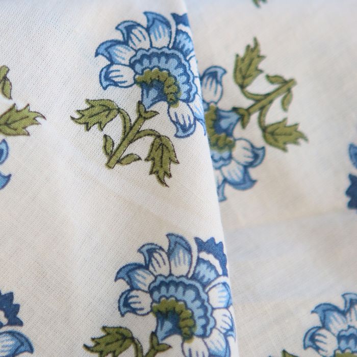 Prisha B - Tissu indien en coton imprimé main, hand block bleu et vert