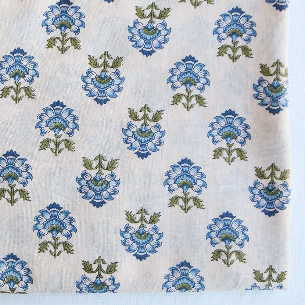 Prisha B - Tissu indien en coton imprimé main, hand block bleu et vert