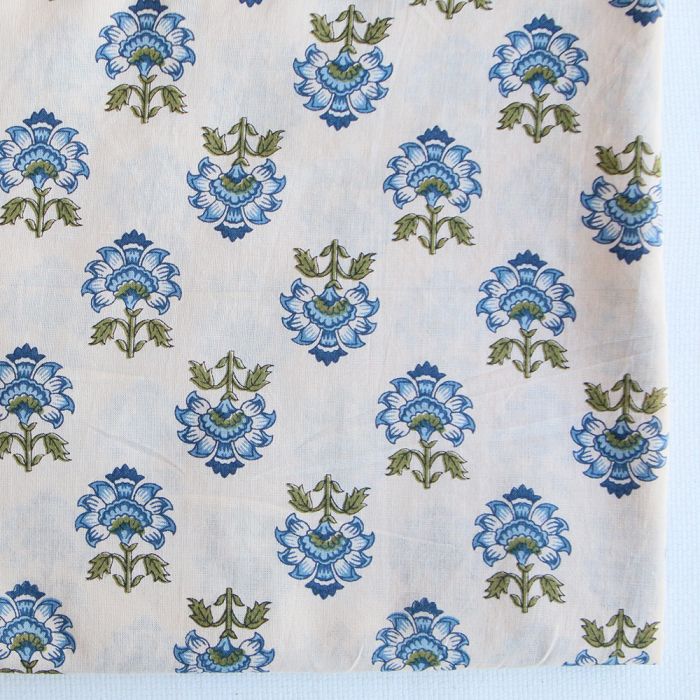 Prisha B - Tissu indien en coton imprimé main, hand block bleu et vert