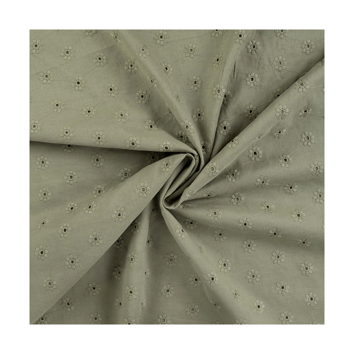 Voile de coton broderies fleuri ton sur ton kaki