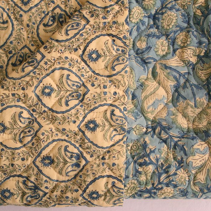 Kalyani - Tissu indien matelassé double face coton hand block, largeur 100 cm