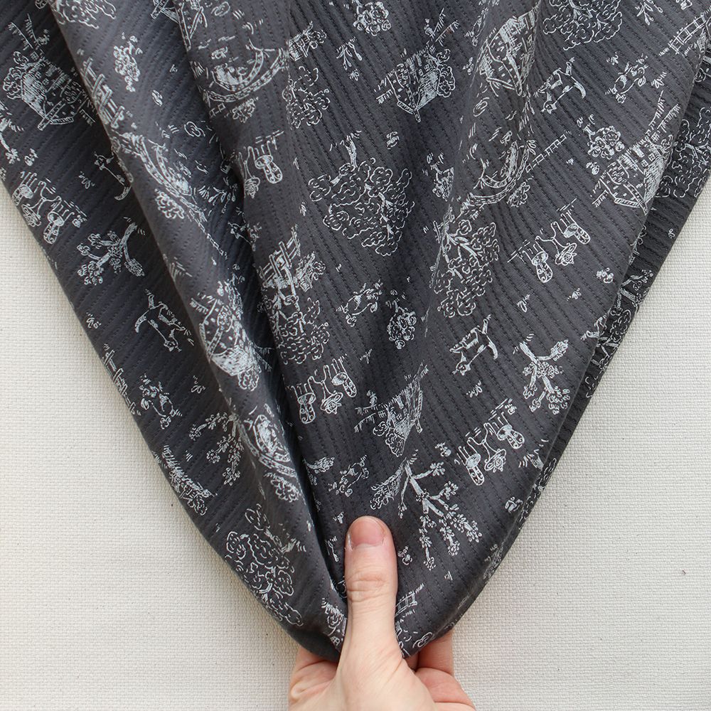 Edwina - Tissu coton piqué léger texturé toile de Jouy anthracite