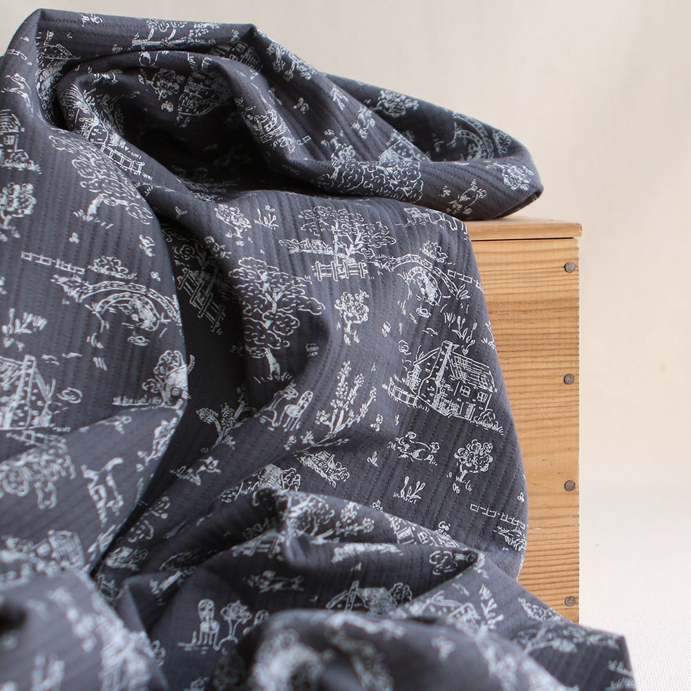 Edwina - Tissu coton piqué léger texturé toile de Jouy anthracite