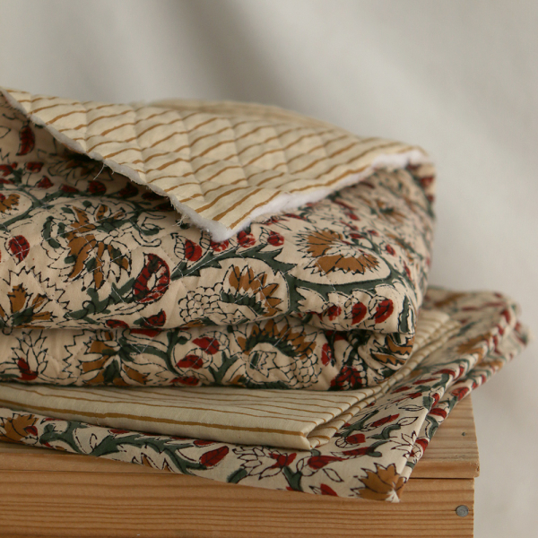 Nisha & rayures - Tissu indien matelassé double face coton hand block teal largeur 100cm 2