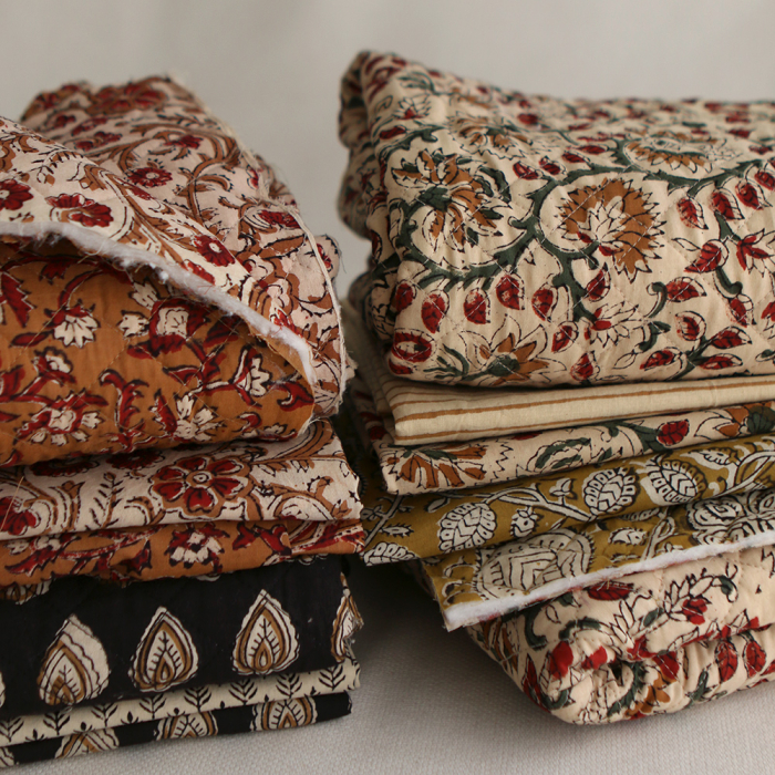 Nisha & rayures - Tissu indien matelassé double face coton hand block teal largeur 100cm