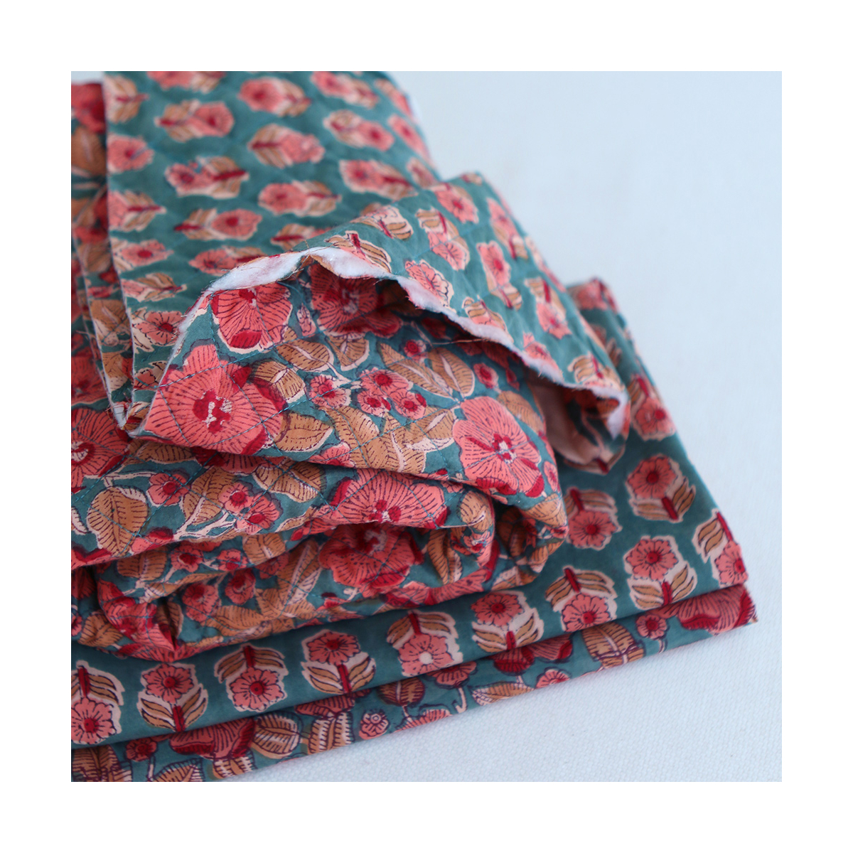 Sahar - Tissu indien matelassé double face coton hand block teal largeur 100cm
