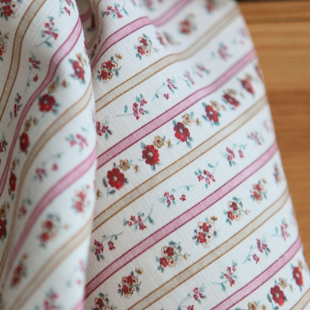Paloma - Petit piqué coton gratté BIO rayures et fleuri rouge rose beige