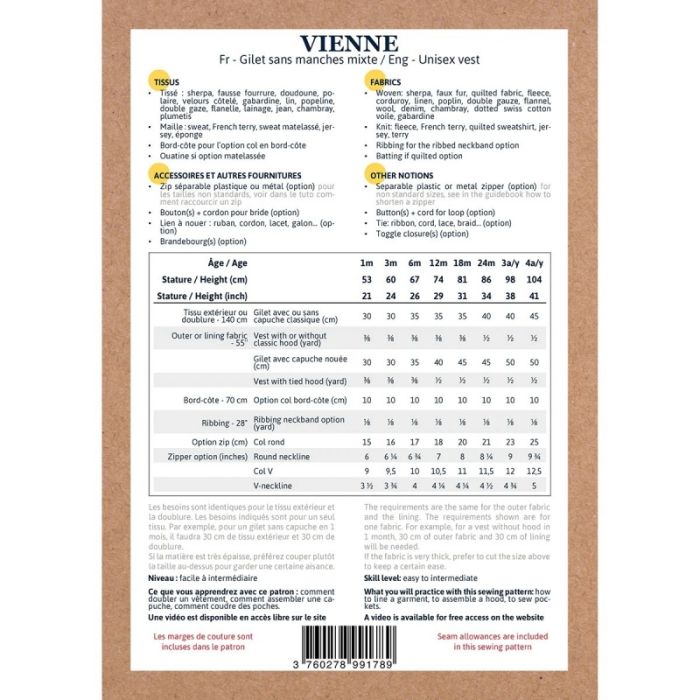 Vienne bébé - Pochette patron Ikatee 1 mois au 4ans