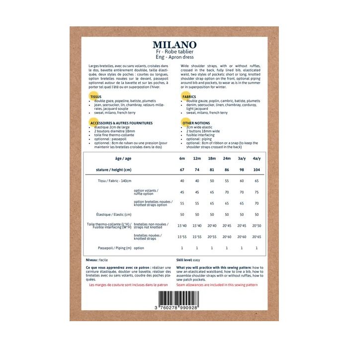 Milano bébé - Pochette patron Ikatee 1 mois au 4ans